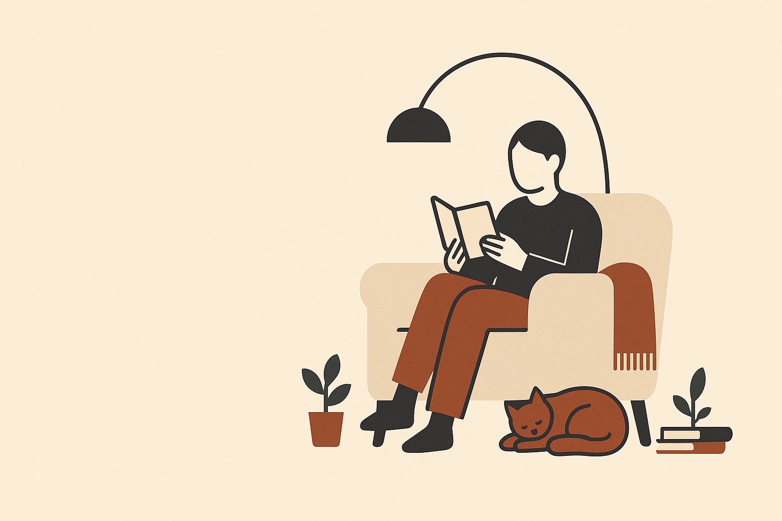 Person curled up reading on a settee while a cat sleeps beside them